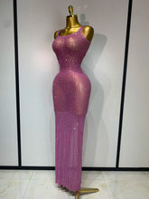 Women Sexy Mesh See Through Rhinestone Pink Long Maxi Dress Birthday Evening Party Costume Singer Stage Performance Costume